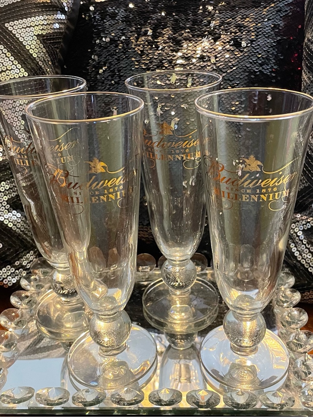 Budweiser Collectible / Vintage Clear Stemmed Glasses with Gold Lettering - Set